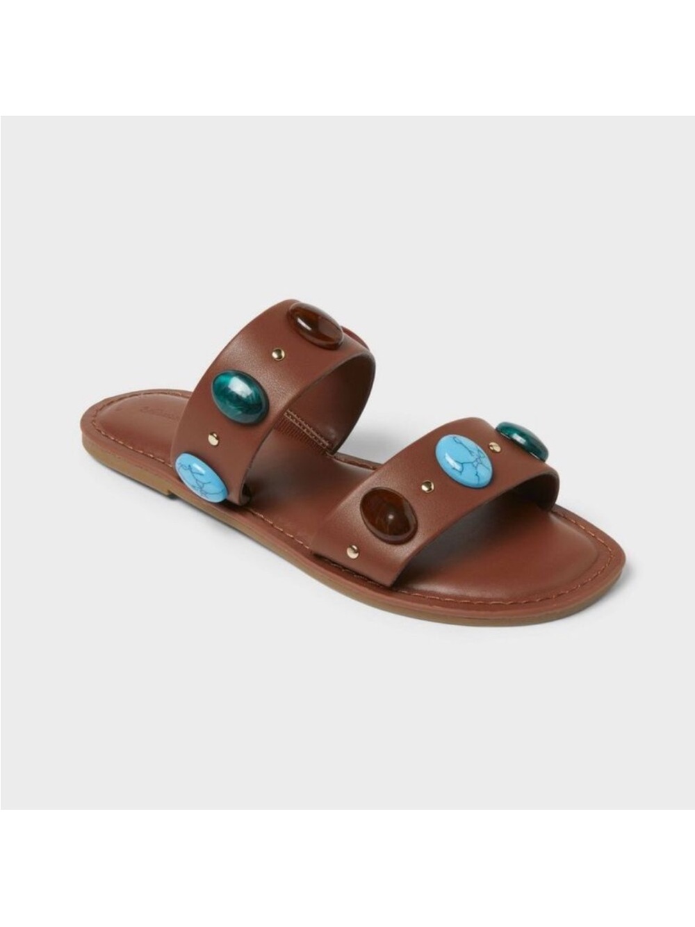 Universal Thread Sarai Brown Slide Sandals Turquoise Teal Gemstone Double Strap